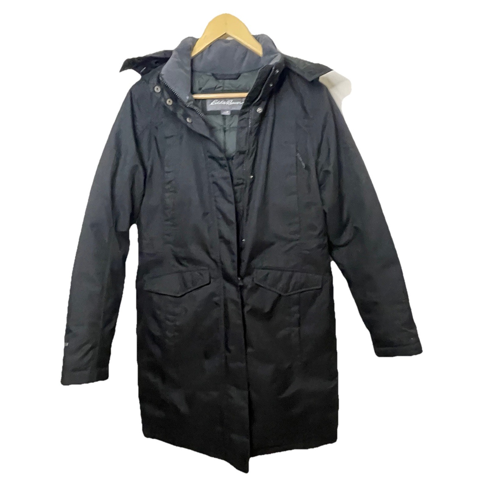 Eddie Bauer Women’s Goose Down Stadium Jacket Dark Gray Sz Med Mid-Length- Read